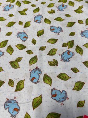 Cotton Fabric with Blue Bird & Green Leaf Print 21x32" Sewing